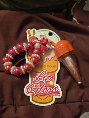 Lucky Model Lip Gloss Keychain Accessory - Pink Beaded Bracelet with Gloss Charm